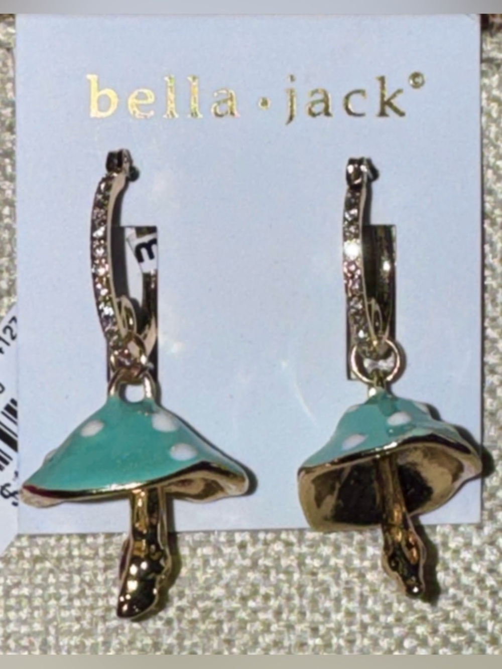 Bella Jack Mushroom Earrings NWT Polka Dots Rhinestones Enamel Gold Tone - Picture 4 of 8
